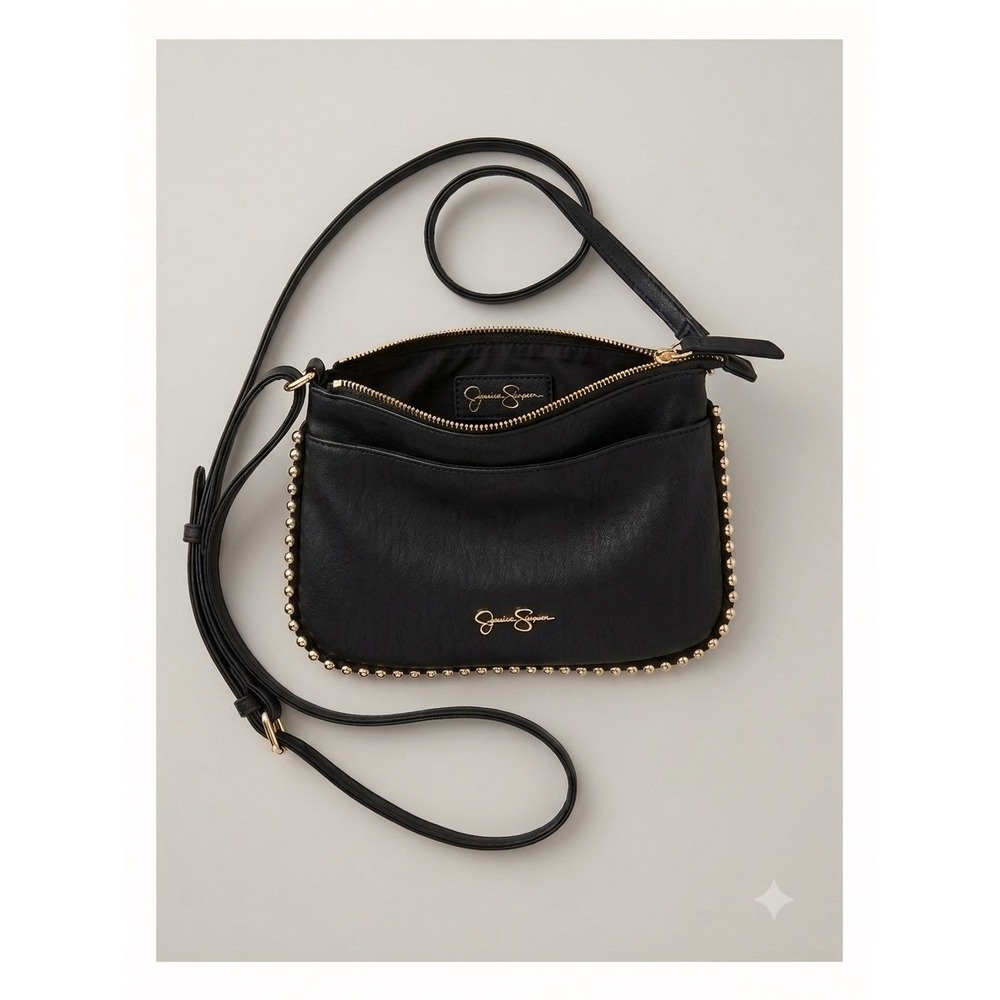 Jessica Simpson Black Faux Leather Studded Crossbody Bag Gold Hardware Trim